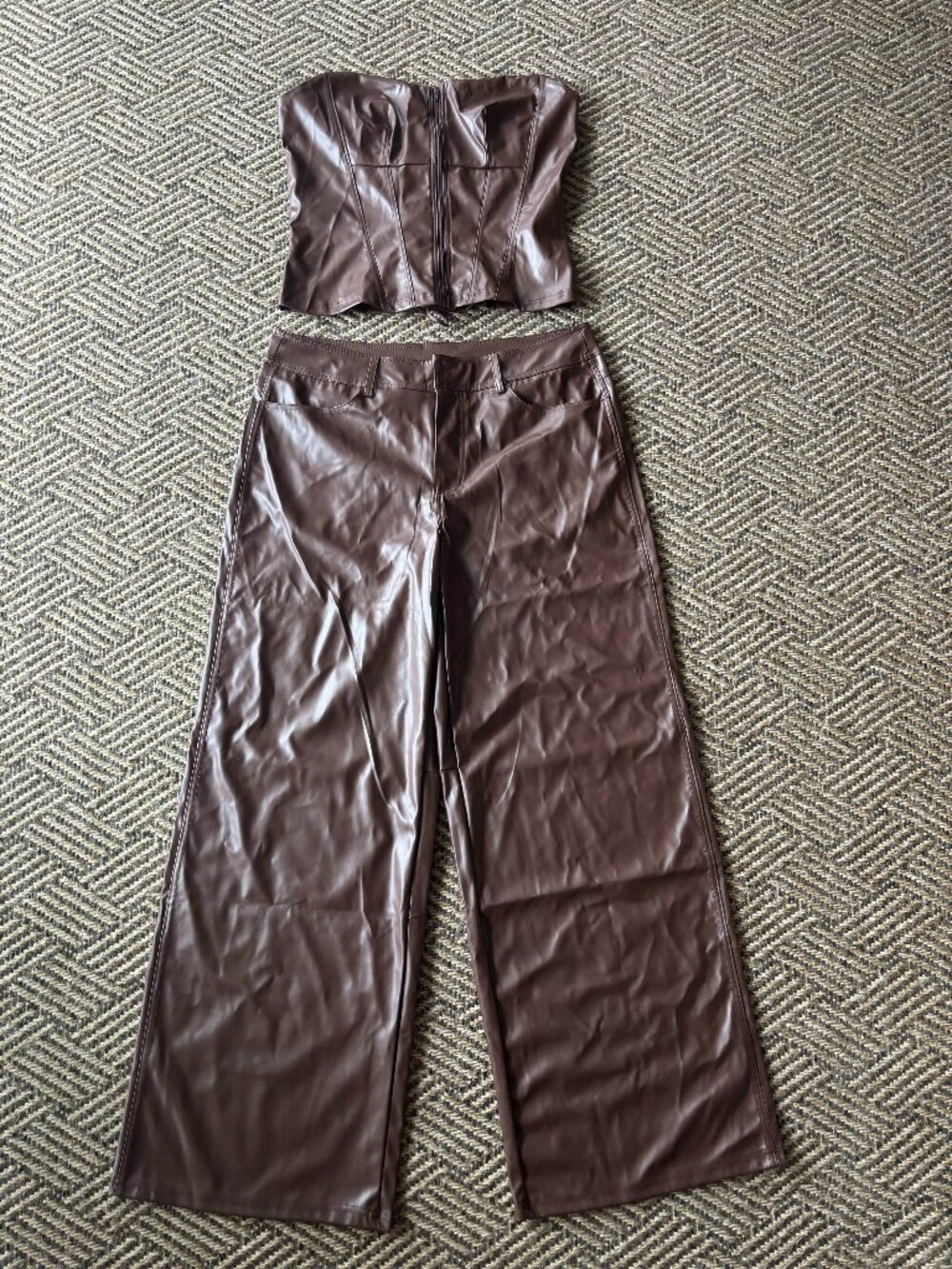 Fashion Nova Brown Faux leather Two-Piece Pant Set